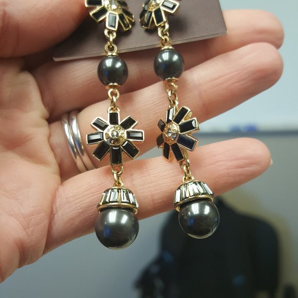 RARE Henri Bendel Black PEARL Cocktail Dangle Drop Earrings Yellow GOLD Swarovsk - Picture 6 of 10